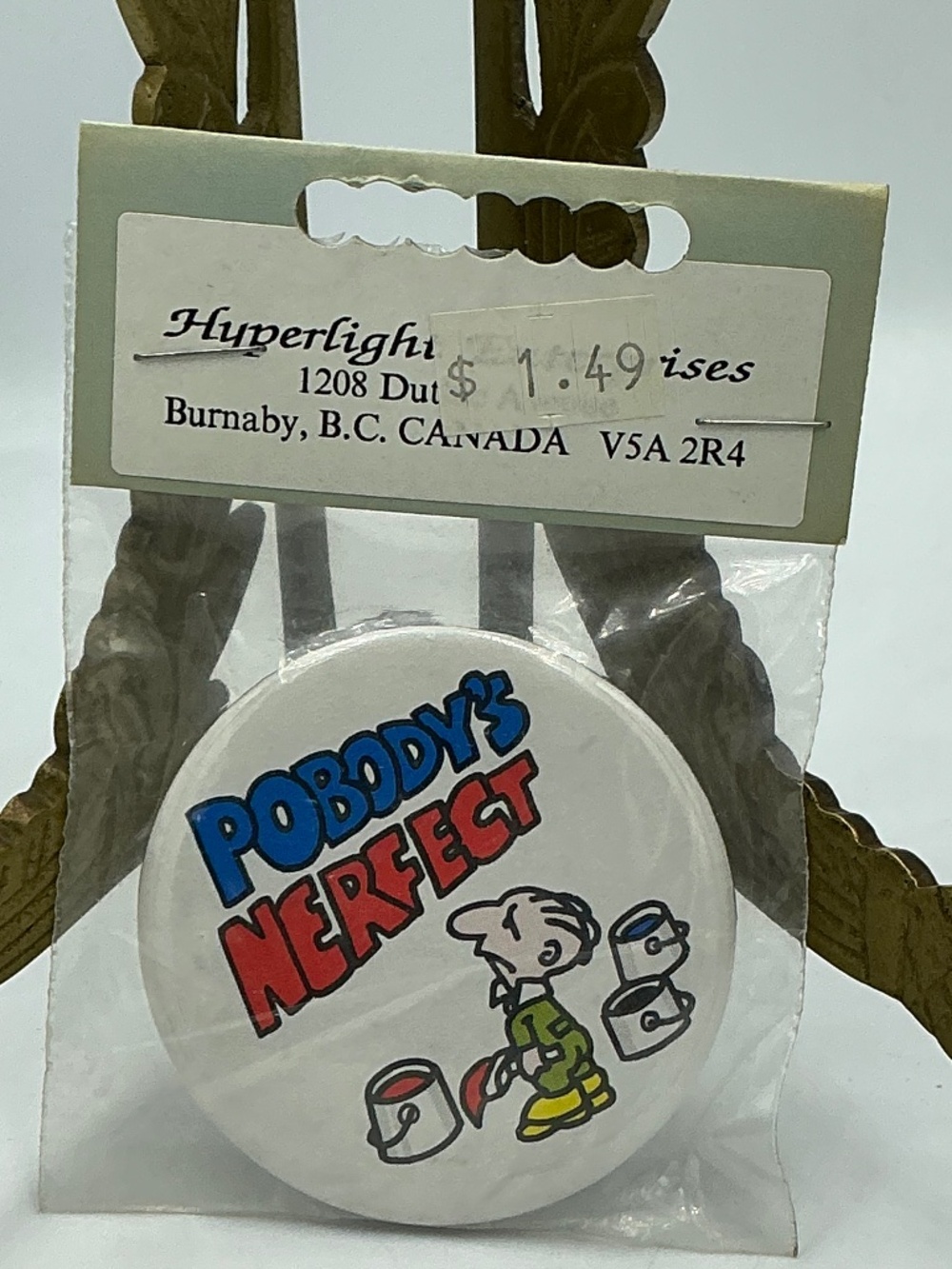 Vintage Magnet Button Pobody's Nerfect Spoonerism Cartoon Hyperlight